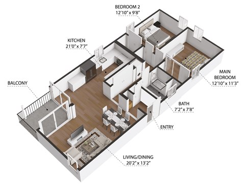 Floor plan for 2 beds, 1 bath, 1100 sqft